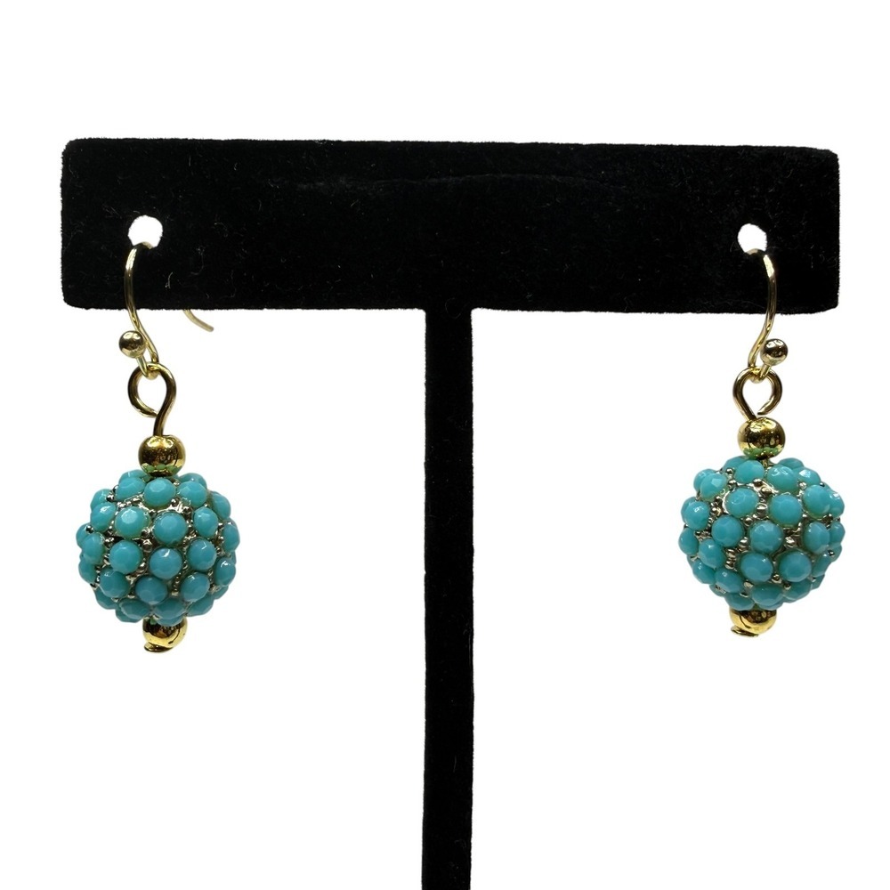 18K Gold Fishhook Turquoise Cluster Ball Dangle Earrings Gold Tone Jewelry